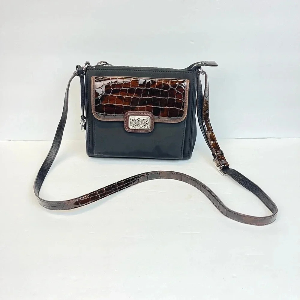 Vintage Brighton 90s Black Nylon Croc Leather Flap Crossbody Bag